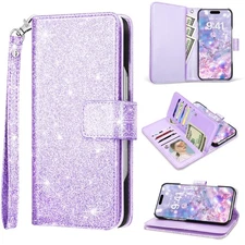 Glitter Sparkly PU Leather Case for 16, Stand, Full Protection, Purple