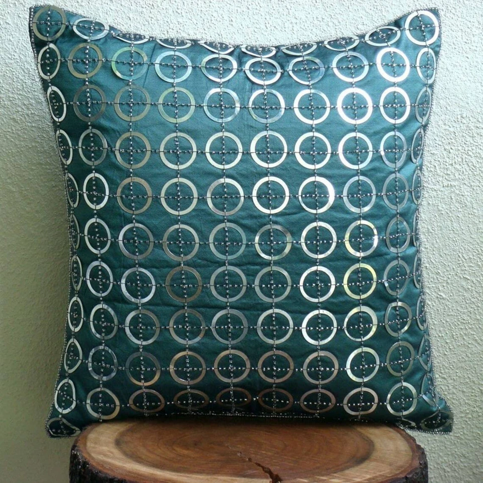 Cushion Case Blue 16"x16", Bed Decor Silk Circles & Dots - Teal N Silver Rings - Image 4 of 4