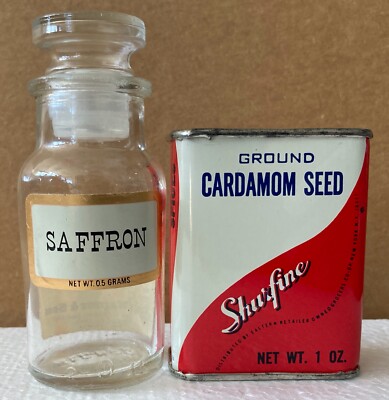Vintage Spice Jar Tin Lot: John Wagner & Sons Saffron + Shurfine Cardamom
