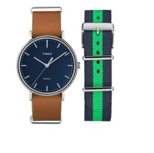 TIMEX SILVER TONE,BROWN LEATHER+BLUE&GREEN NYLON BAND,2 PC SET WATCH TWG016300