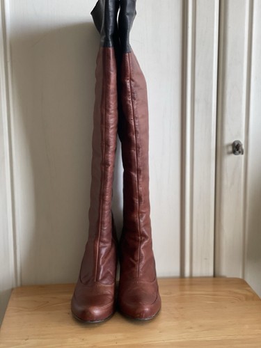 Vintage Topshop Betty Chestnut Distressed Leather Knee Boots Size 4 37 - Picture 4 of 6