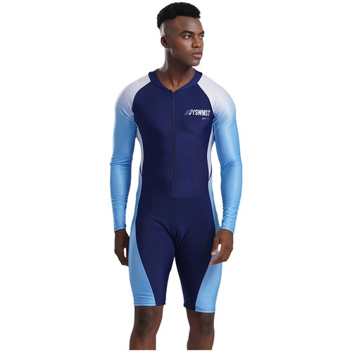 Mens Bathing Suit Mock Neck Swimwear Patchwork Swimsuit Swimming Triathlon Suit - Picture 14 of 21