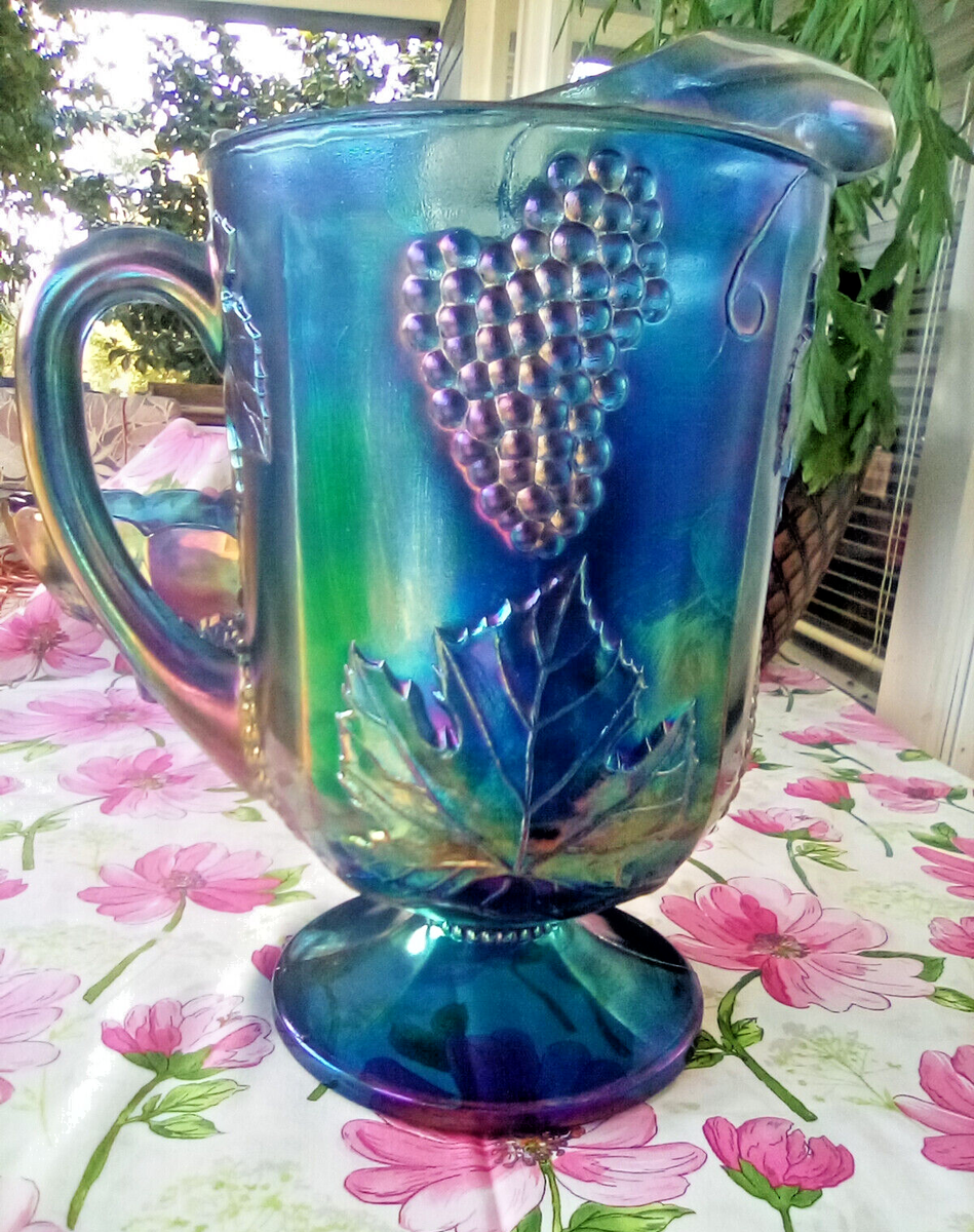 Vintage Indiana Iridescent Blue Carnival Glass Pitcher Harvest