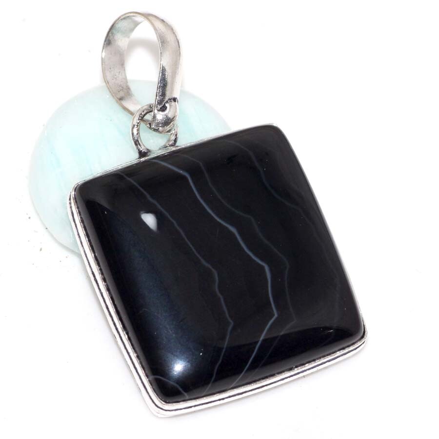 Banded Black Onyx 925 Silver Plated Pendant 1.7