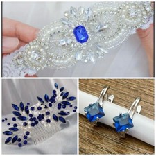3pcs Bridal Sapphire  Pearl Accessory Set Hair Comb, Earrings, Garter 
