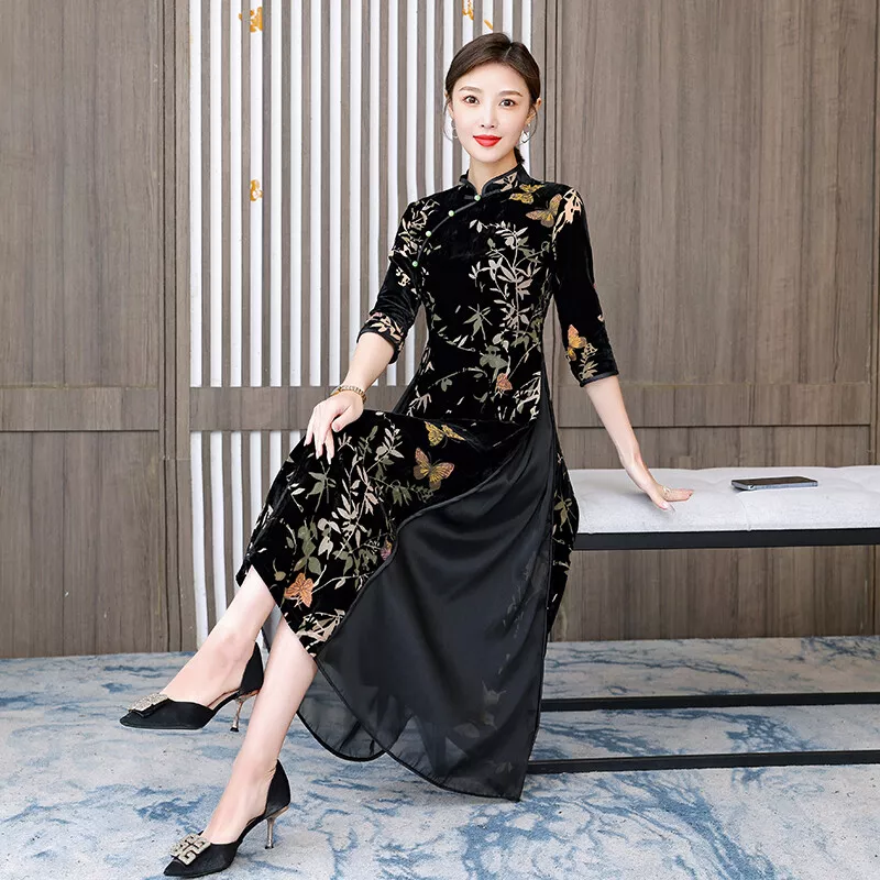 Lady Floral Cheongsam Dress Elegant Chinese Velvet Chiffon Spliced Long  Qipao