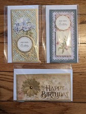Lot of 3 Handmade Scrapbook Embellished Floral Gold Birthday Cards with Envelope