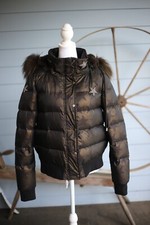 Jocelyn Star Down Fur Hooded Crystal Accent Puffer Jacket Sz S Brown