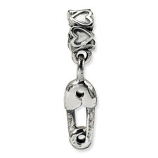 Safety Pin Dangle Kids Bead .925 Sterling Silver Antique Finish Reflection Beads