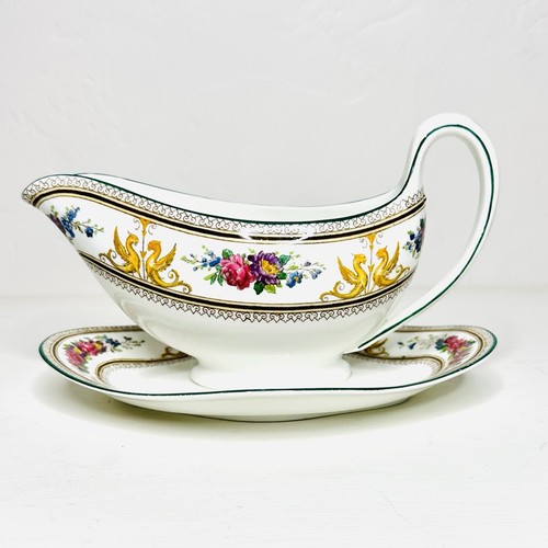 WEDGWOOD Columbia Gravy Boat Attached Plate White Green Trim Floral Griffen eBay