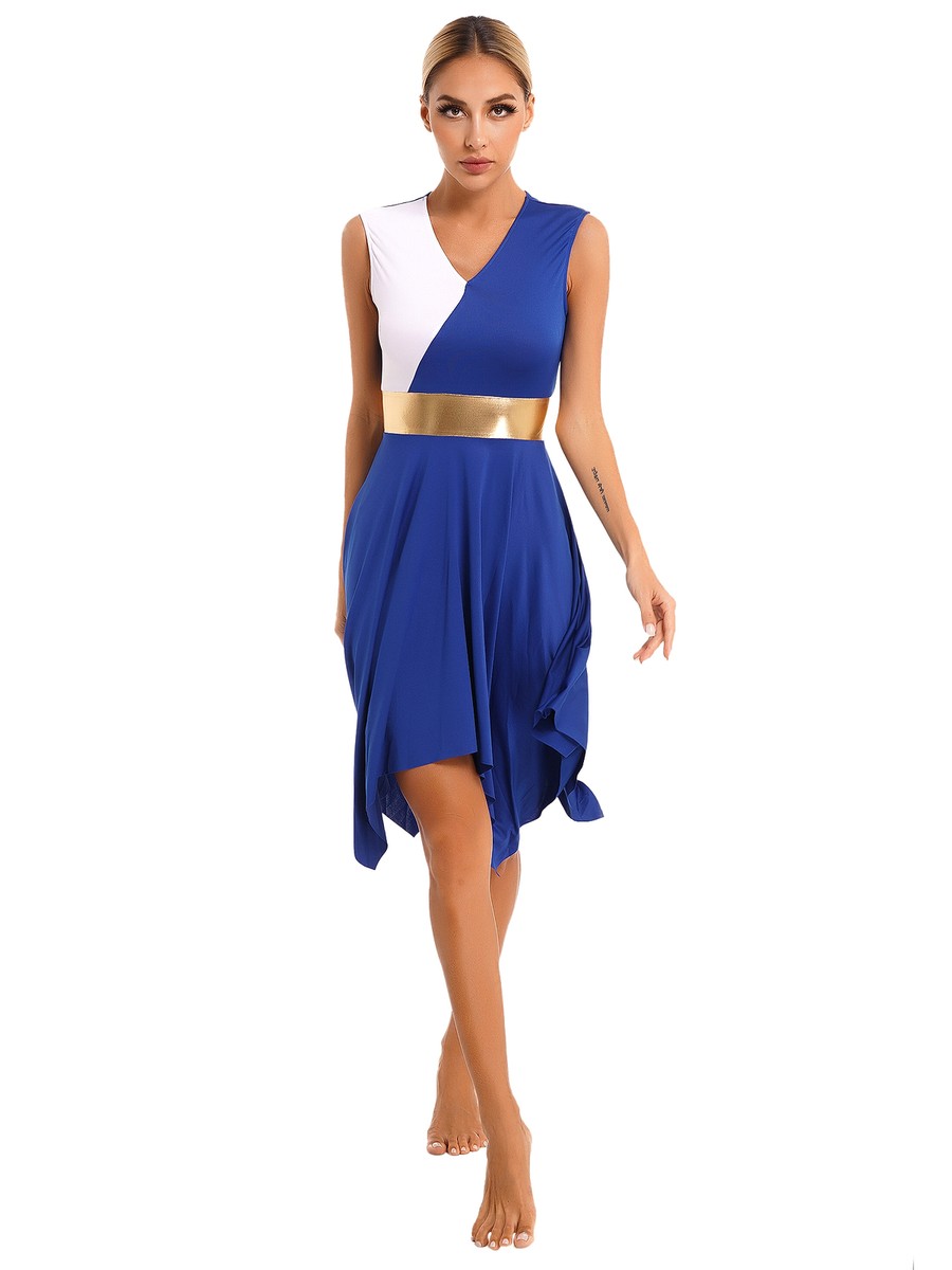 Women's Shiny Lyrical Praise Dance Dress - Color Block Liturgical Performance Costume