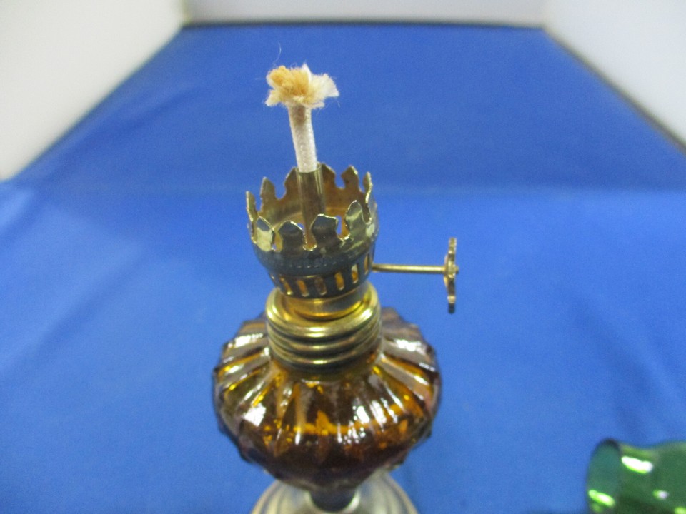 Vintage Amber Glass Mini Oil Lamp Green Chimney eBay