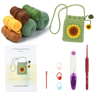 Sunflower DIY Crochet Tote Bag Kit with Tutorial Tool for Crochet Lover Supplies