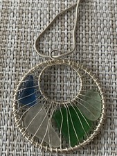 Handcrafted Wired Circle Sea Glass Pendant Necklace 30  925 Italy Chain