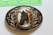 Vintage TWO HORSES Western Silver Tone Oval Belt Buckle