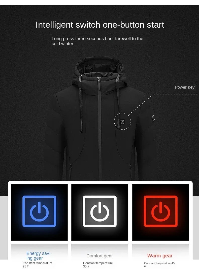 Black Heated down jacket Men Women Winter hooded jacket waterproof smart Usb image 6