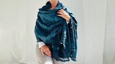 Indigo Silk  Wool Scarf and Shawl. Mirrorwork. Handwoven, Hand Dyed.