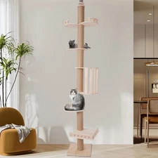 Wooden Floor to Ceiling Cat Tree Tower Natural Sisal Rope Scratching Post