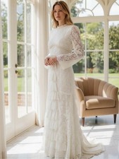 Vintage 1960s Ivory Lace Wedding Dress Pearl Empire Waist Long Sleeve S