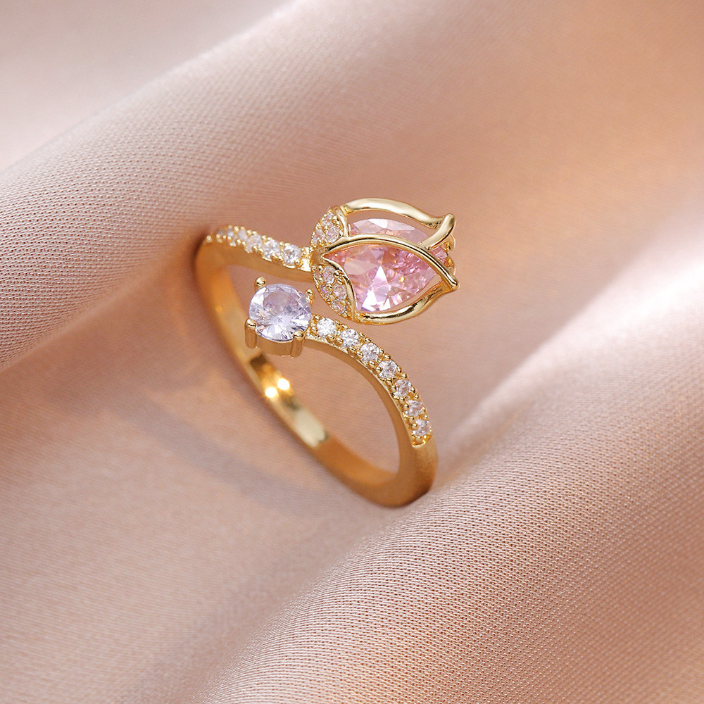 Damen Ring Gold Rosa Tuplen Blume Ring Steine vergoldet Edelstahl verstellbar