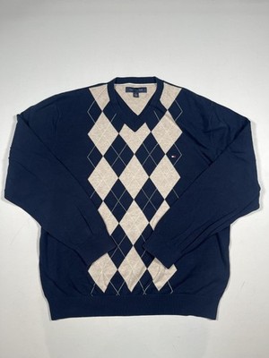Tommy Hilfiger Sweater Mens XL Navy Blue Argyle V Neck Cotton Knit Pullover