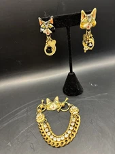 Vintage HTF  Lunch At The Ritz Cat Head Charm Earrings & Bracelet EUC