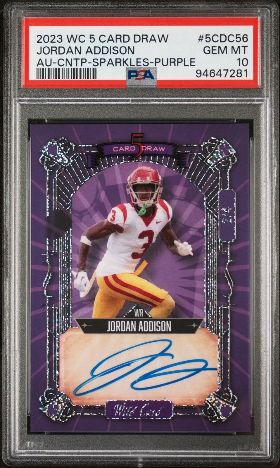 2023 WC 5 Card Draw Jordan Addison /4 Auto PSA 10 Purple Sparkles Wild