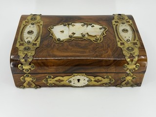 Antique Victorian Walnut Jewelry Box Brass Bone Inlay Playing Card Motif