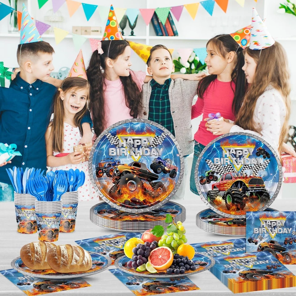 168 piezas Monster Truck Cumpleaños Fiesta Decoraciones Platos Servilletas Papel Desechable Foto 4 de 4