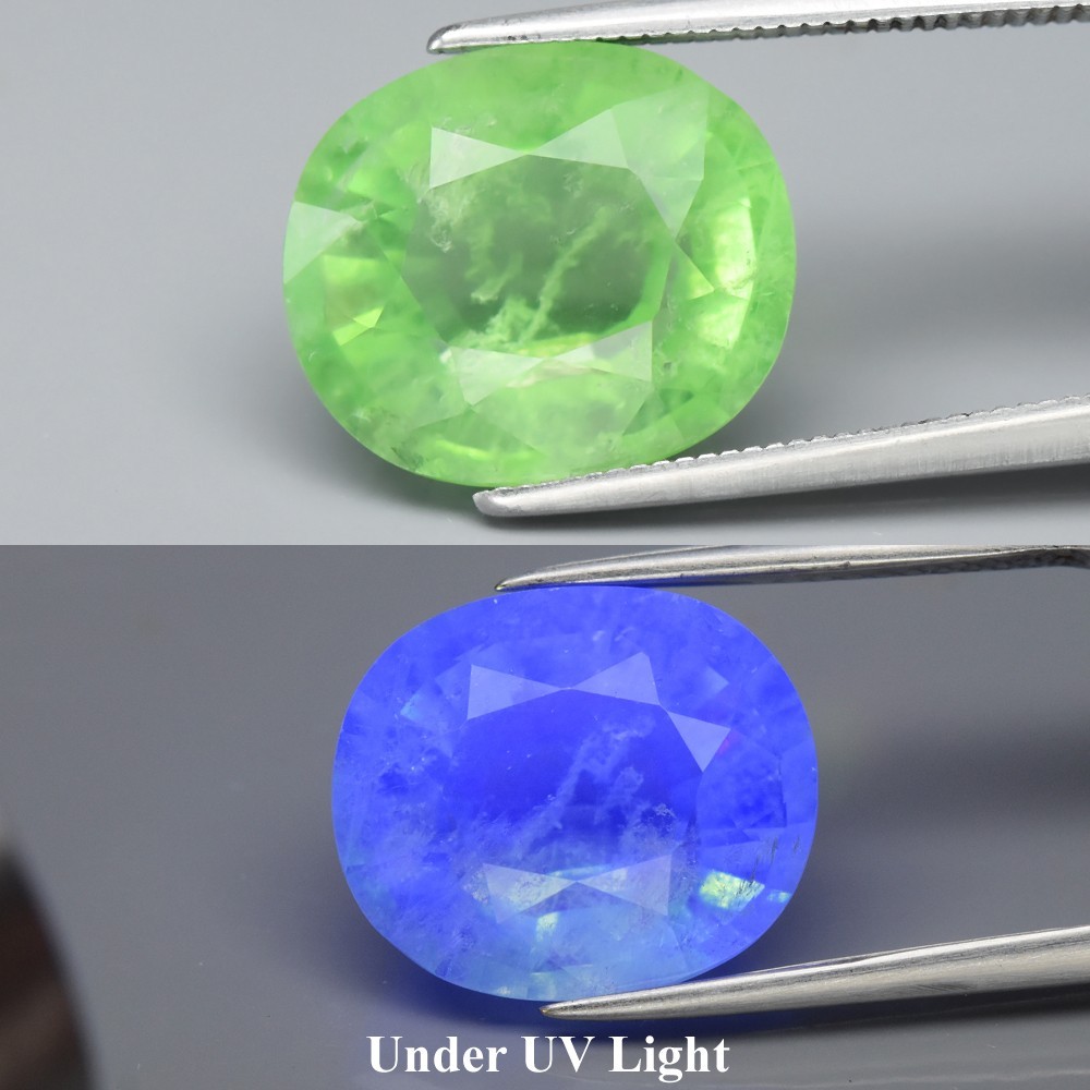 9.67ct Oval Natural Green Fluorite Gemstone with UV Color Change Effect