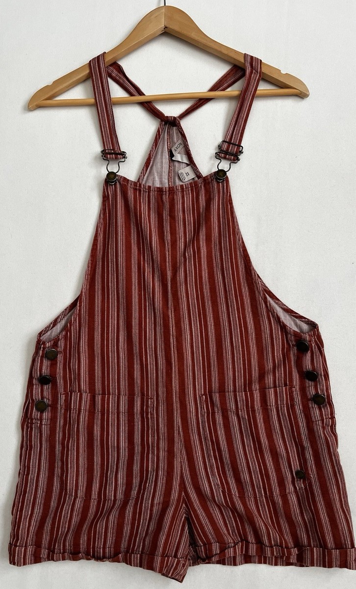 Roxy Red Cotton Linen Striped Buttons Pockets Romper XS Y2K Preppy