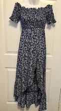 Lulus Women's Sz Small Navy Blue White Floral Maxi Smocked Dress Cottage Core