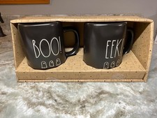Halloween Coffee Mug Set Of 2 BOO EEK With Ghost Black And White 19 oz. New