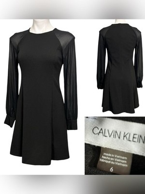 Calvin Klein dress sz 6 Sheer-Sleeve Black A-Line knee length office cocktail