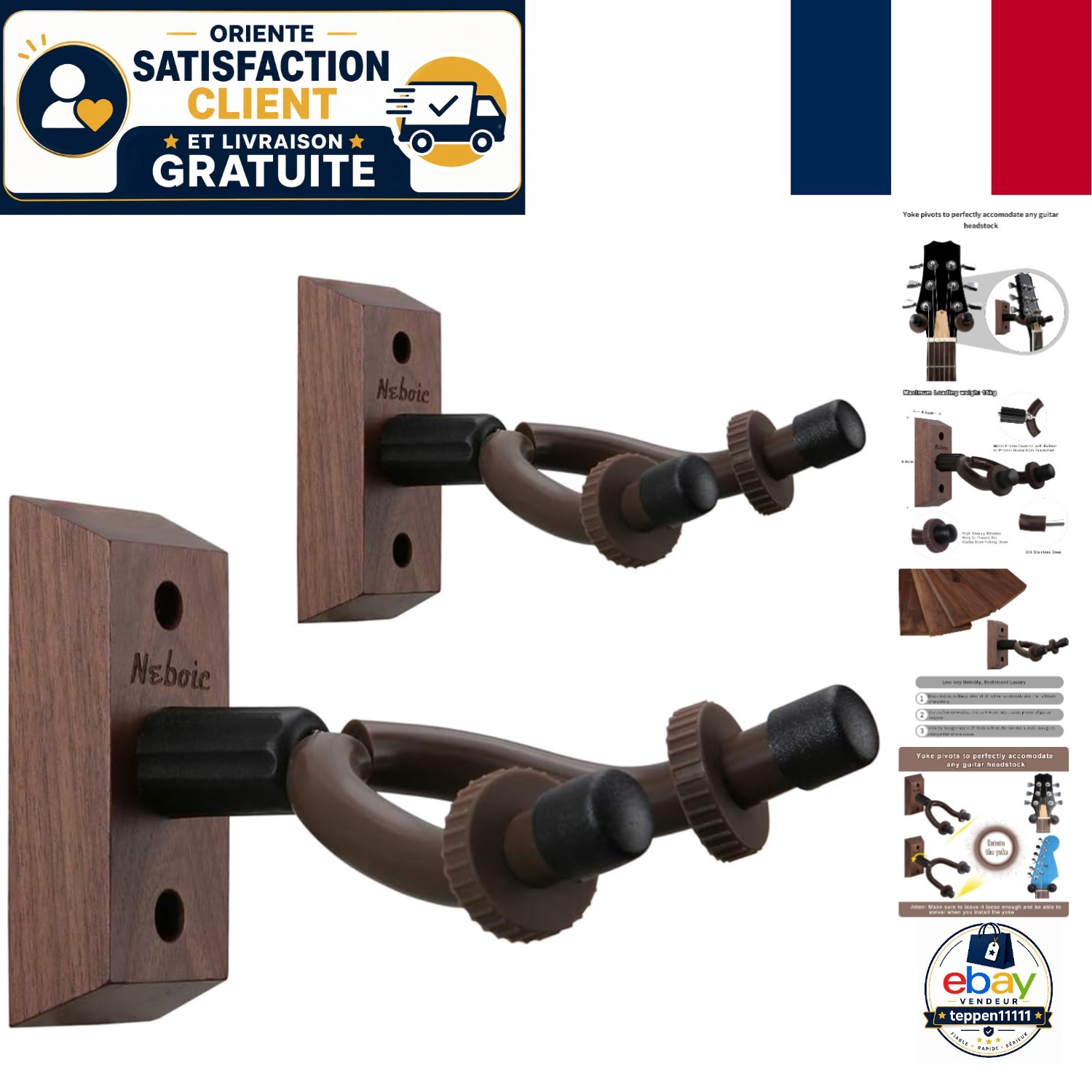 Support Guitare Noyer Noir Anti-Chute pour Modèles Acoustiques et Électriques