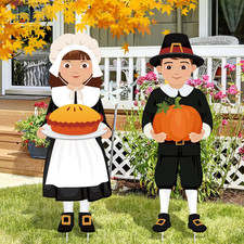 2 Pcs Thanksgiving Pilgrim Metal Yard Signs with Stakes Fall Decor