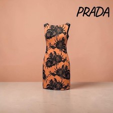 USED PRADA FLORAL SLEEVELESS DRESS, SIZE 38S, ORANGE, SILK. GOOD
