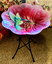 GLASS RED Bird Bath FEEDER with Metal Stand HUMMINGBIRD  LAS VEGAS MOVING SALE