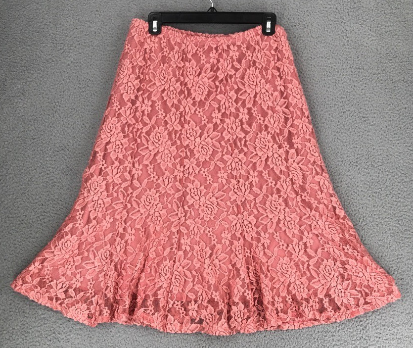 Ashley Blue A Line Midi Lace Skirt Size PXL Flared Hem Elastic Waist Lined Peach