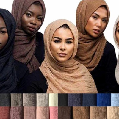 New Ladies Crinkle Plain Hijab Maxi Scarf Headscarf Crimp Shawl Ruffle Pashmina