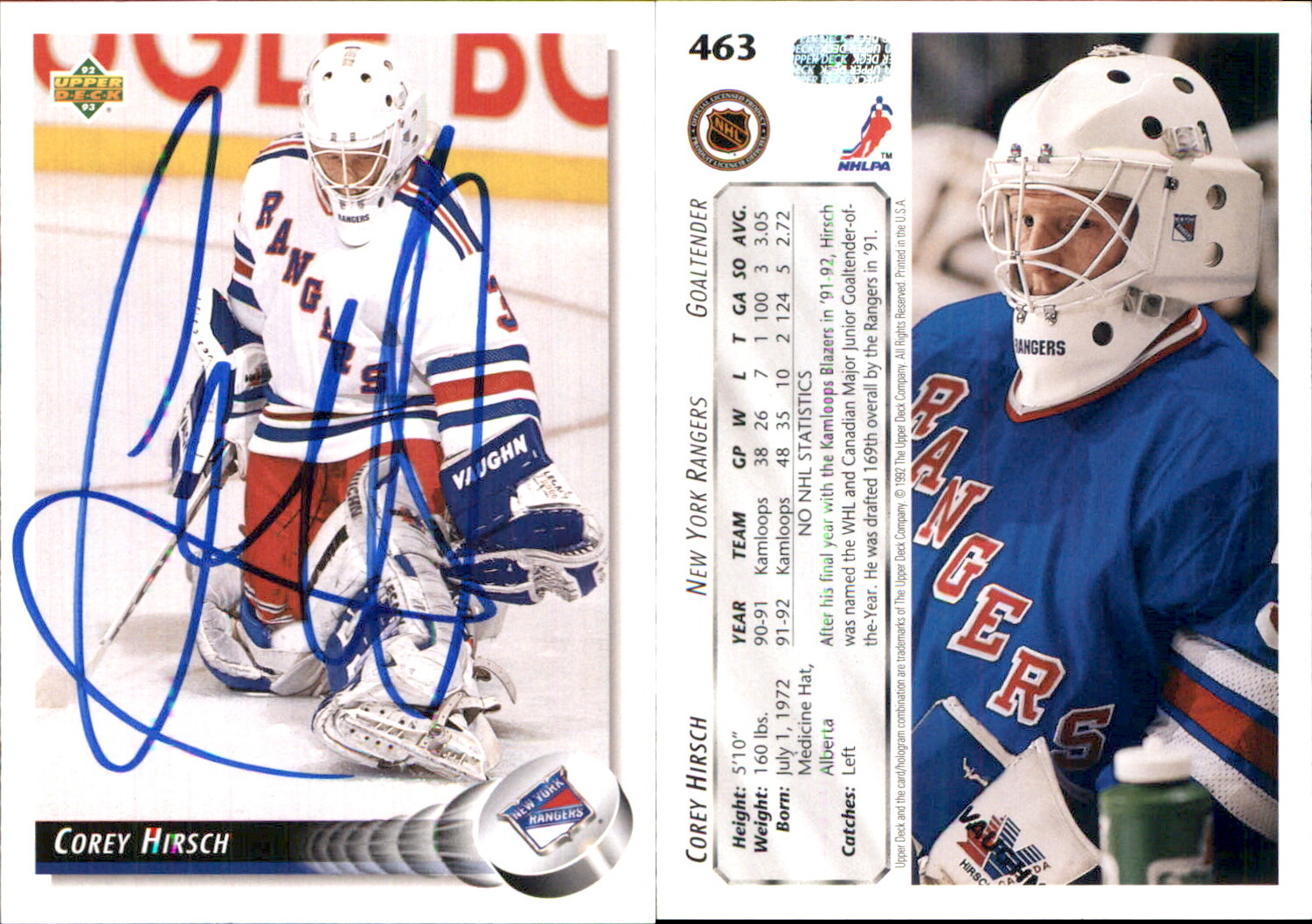 Corey Hirsch Signed 1992-93 Upper Deck #463 Card Auto AU Rangers FREE SHIP