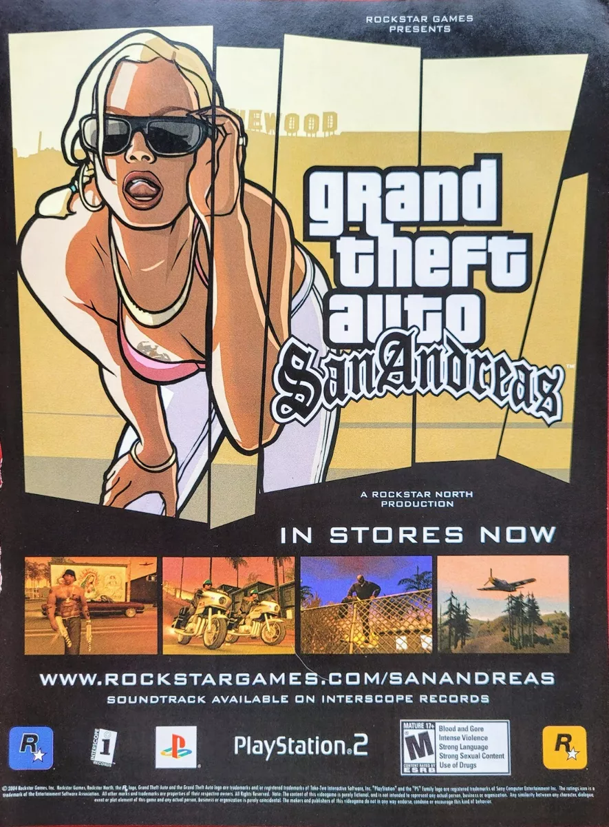 RARE 2004 GRAND THEFT AUTO SAN ANDREAS PS2 Video Game = Promo Print AD /  POSTER