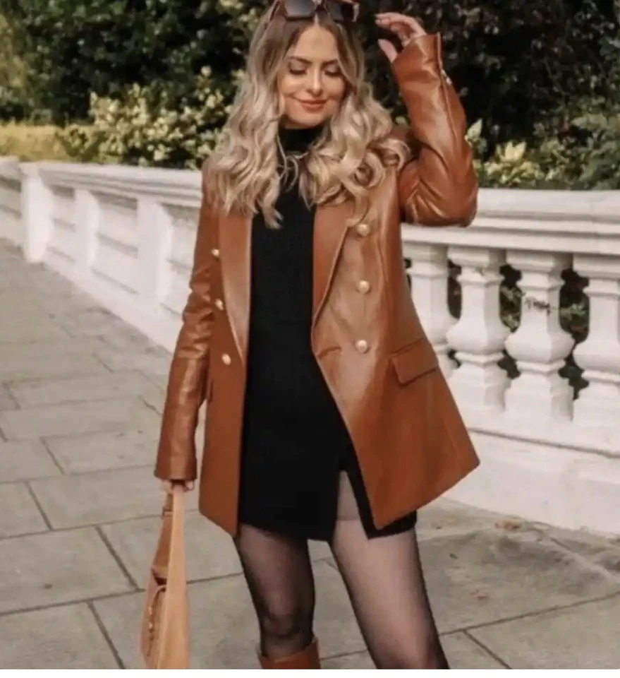 Blazer Zara Imitación Cuero Doble Pecho Camel 🔥Favorito de los Bloggers 🔥