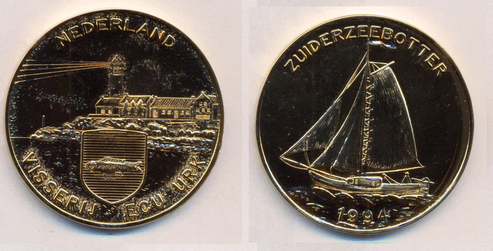 Medaille  Niederlande  1994  Visserij ECU  Urk Segelschiff   Bronze  vergoldet - Bild 1 von 1