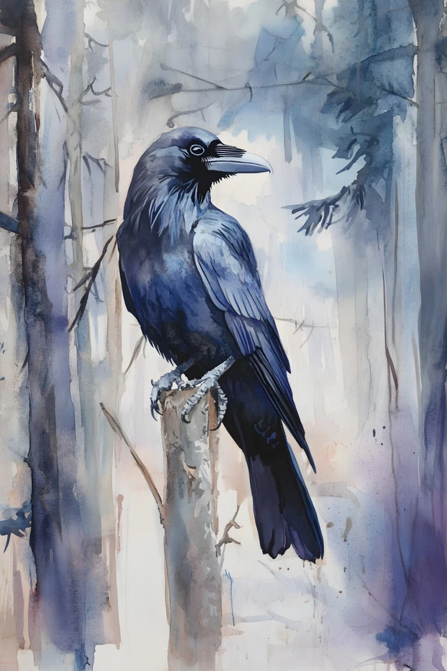 Watercolor Raven Painting Print Framed Canvas Wildlife Animals Wall Art Gothic - Image 3 of 4