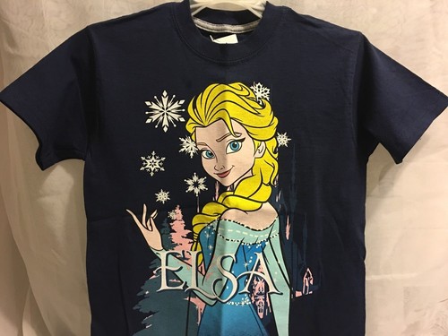 Disney Frozen Elsa T-Shirt Size 8/10 Navy Blue Fruit The Loom 100 Percent Cotton - Picture 5 of 12