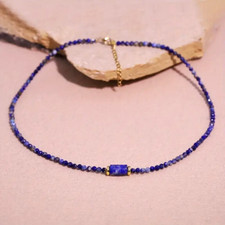 Vintage Handmade Natural Lapis Lazuli Necklace Beaded Neck Chain Clavicle Gift