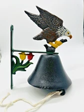 1998 Cast Iron Wall Mounted Dinner Bell with Eagle and Flowers Painted Vintage
