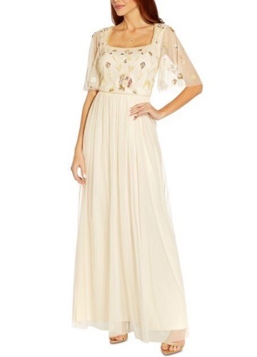 Adrianna Papell Womens Beaded Bodice Gown Sandshell Brown Size 14 NWT