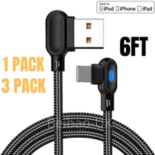 6Ft 90 Degree Braided USB Charging Data Cable Cord For iPhone 14 13 12 11 iPad 8